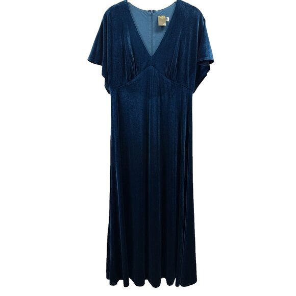 Taylor Women's Maxi Dress 6 Dark Blue Velvet Babydoll Short Sleeve Back Zipper - Picture 1 of 9